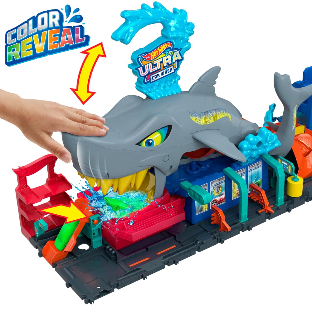 Hot Wheels City Track Set, Ultra Shark Car Wash with 1:64 Scale Color Reveal Toy Vehicle, Repeat Color-Change Feature, Storage