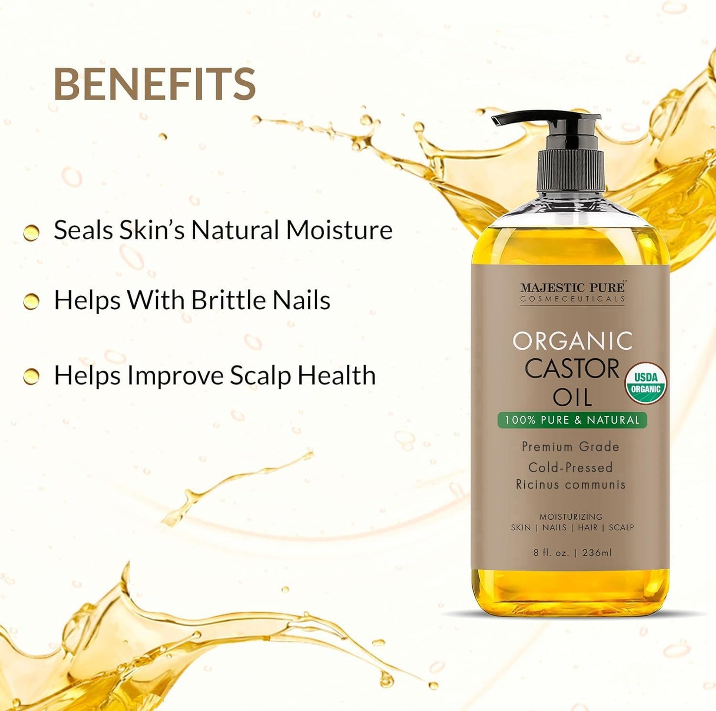 Majestic Pure Organic Castor Oil – 100% Pure, Cold Pressed & Hexane Free – USDA Certified, Moisturizes Hair, Lashes, Brows & Nails, 8 Fl Oz