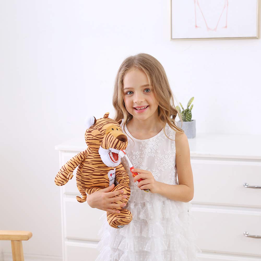 YOUYA DENTAL Tooth Fairy Puppet โ Striped Tiger Educational Plush Doll with Teeth for Kids, Oral Health Teaching Toy