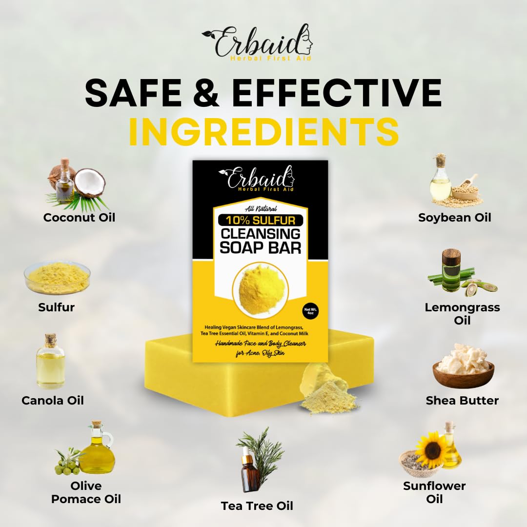 10% Sulfur Soap Bar for Face & Body – Natural Acne Cleanser with Tea Tree, Lemongrass, Vitamin E & Coconut Milk, Made in USA
