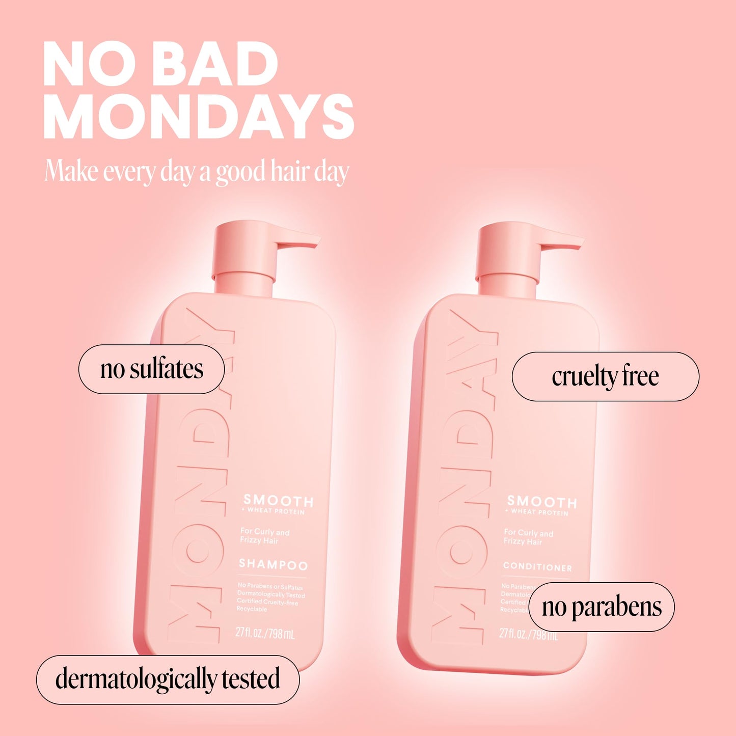 MONDAY HAIRCARE Smooth Shampoo & Conditioner Set, 27 oz Each – For Frizzy, Coarse & Curly Hair with Coconut Oil, Shea Butter & Vitamin E, Pink