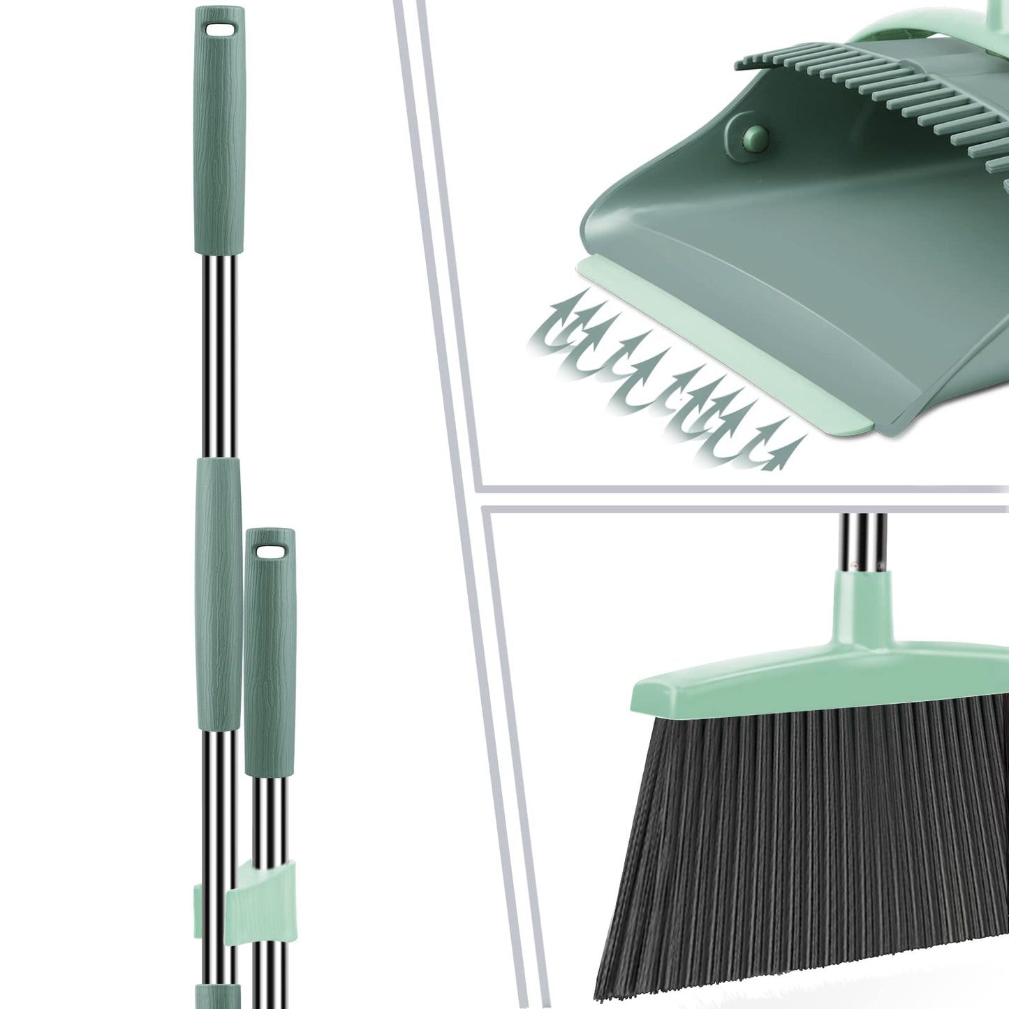 Broom & Dustpan Set with Long Handle – Upright Sweeping Combo for Home, Kitchen, Office & Lobby, Gray & Green