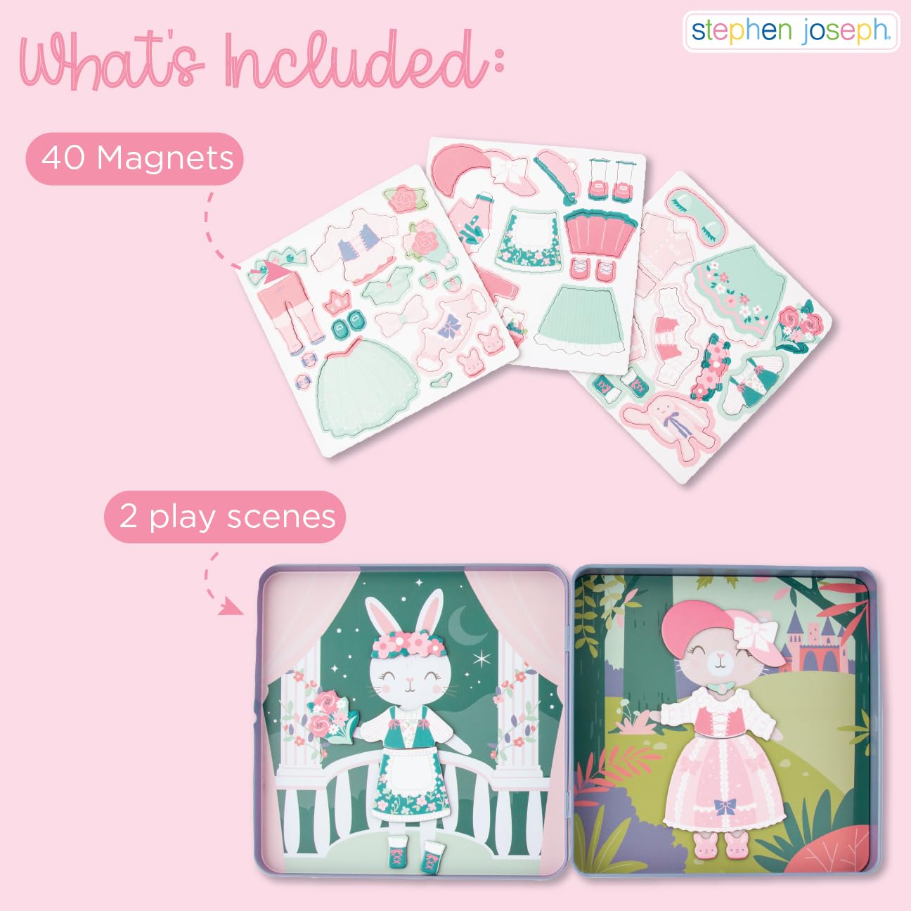 Stephen Joseph, Travel Tin Magnetic Dress Up,Bunny and Cat Small, 40 unique pieces