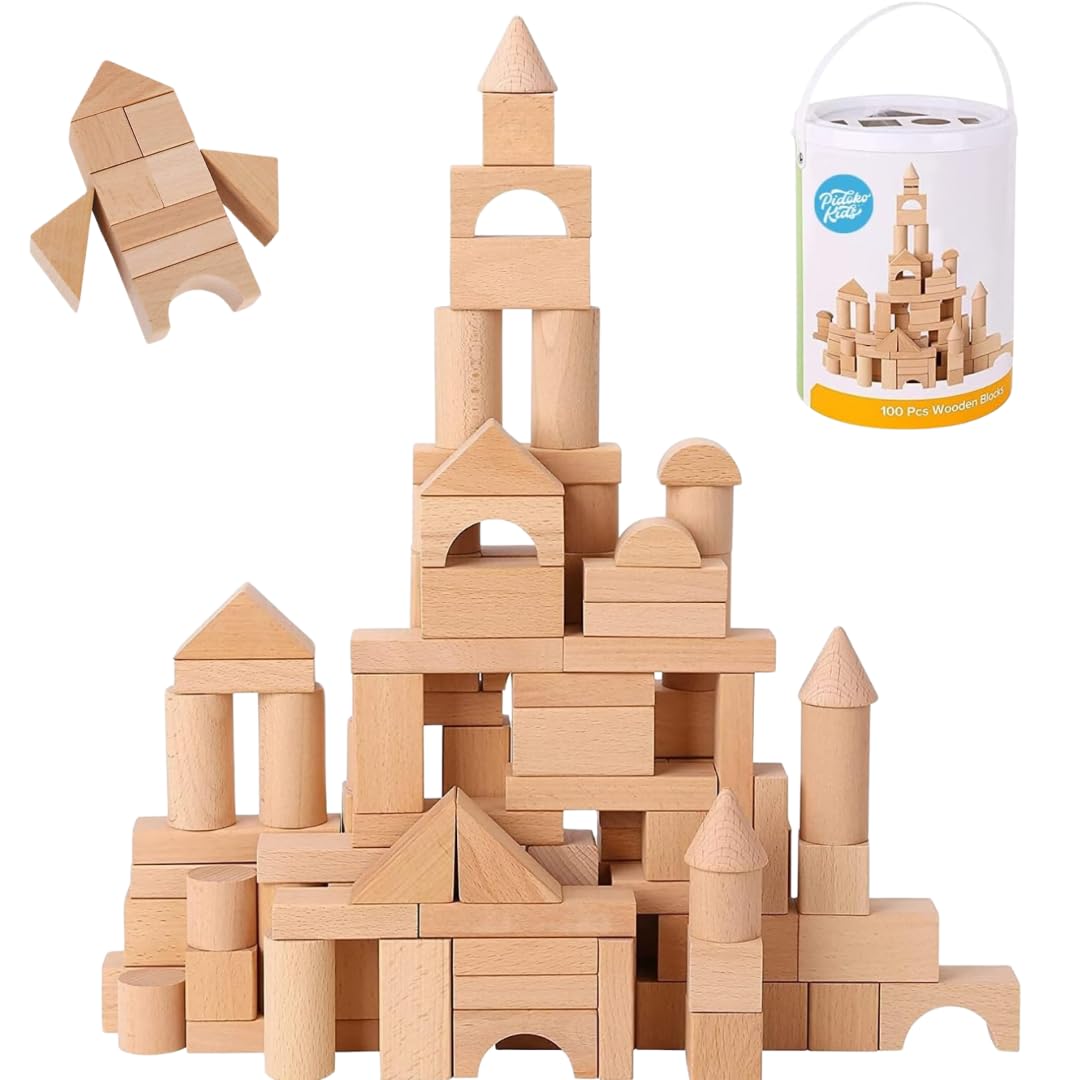 Pidoko Kids 100-Piece Wooden Blocks Set for Toddlers with Storage Container & Shape Sorter Lid – Natural Beech Wood Preschool Toy