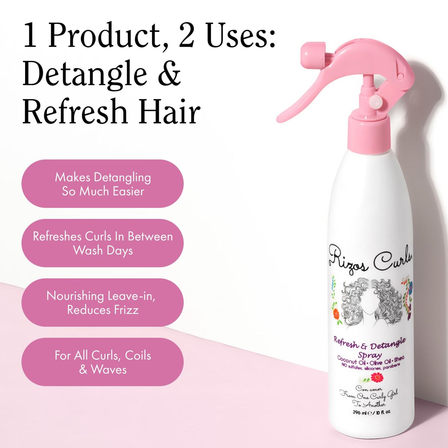 Rizos Curls Refresh & Detangle Spray – Leave-In with Coconut Oil – Hydrates, Nourishes & Controls Frizz for 2A–4C Hair – Adds Shine, Vegan & Cruelty-Free