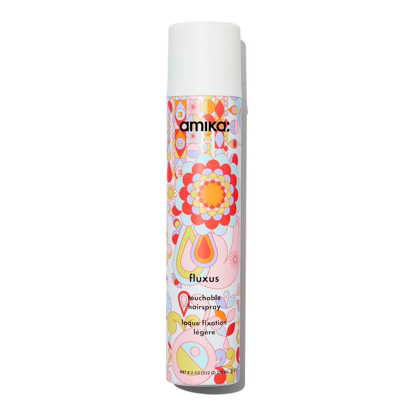 Amika Fluxus hairspray can with colorful design on a white background