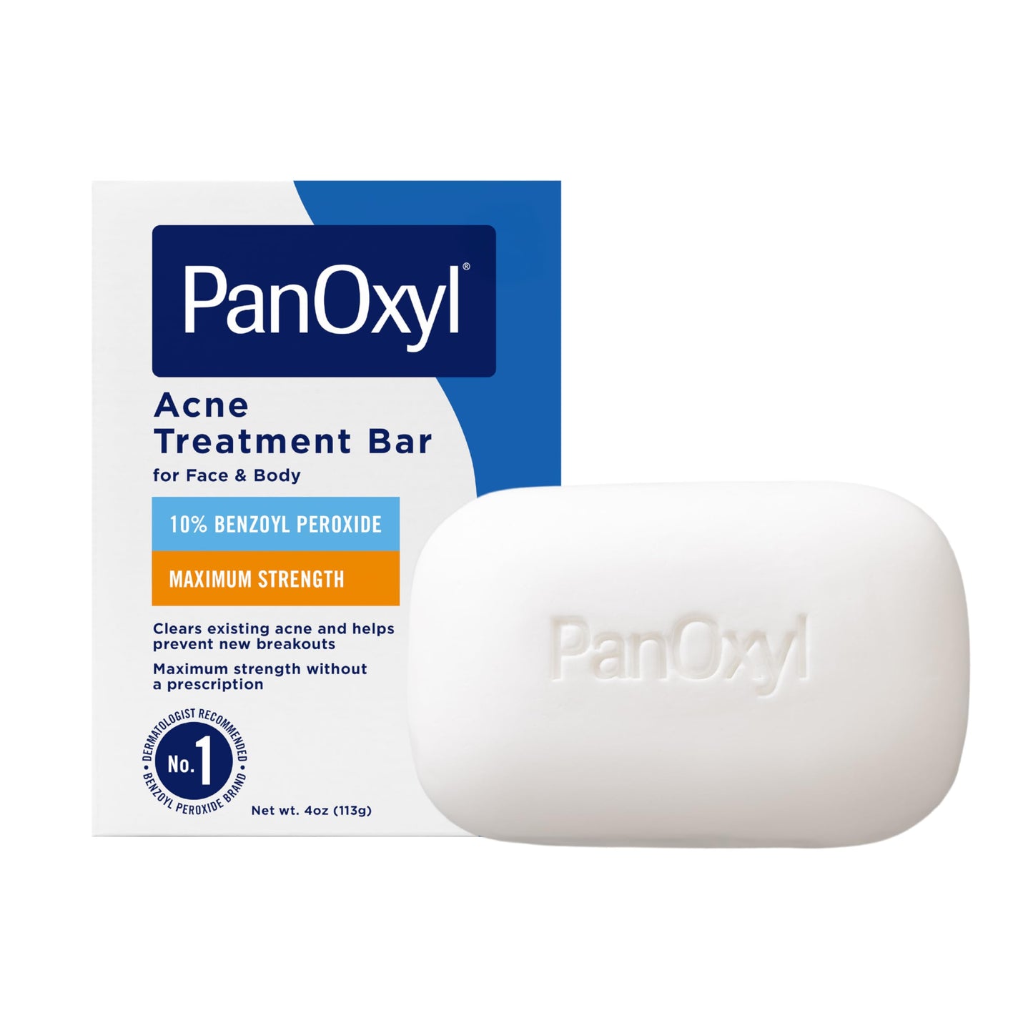 PanOxyl 10% Benzoyl Peroxide Acne Treatment Bar – Maximum Strength Face & Body Wash for Pimples, Blackheads & Whiteheads, 4 oz, Vegan