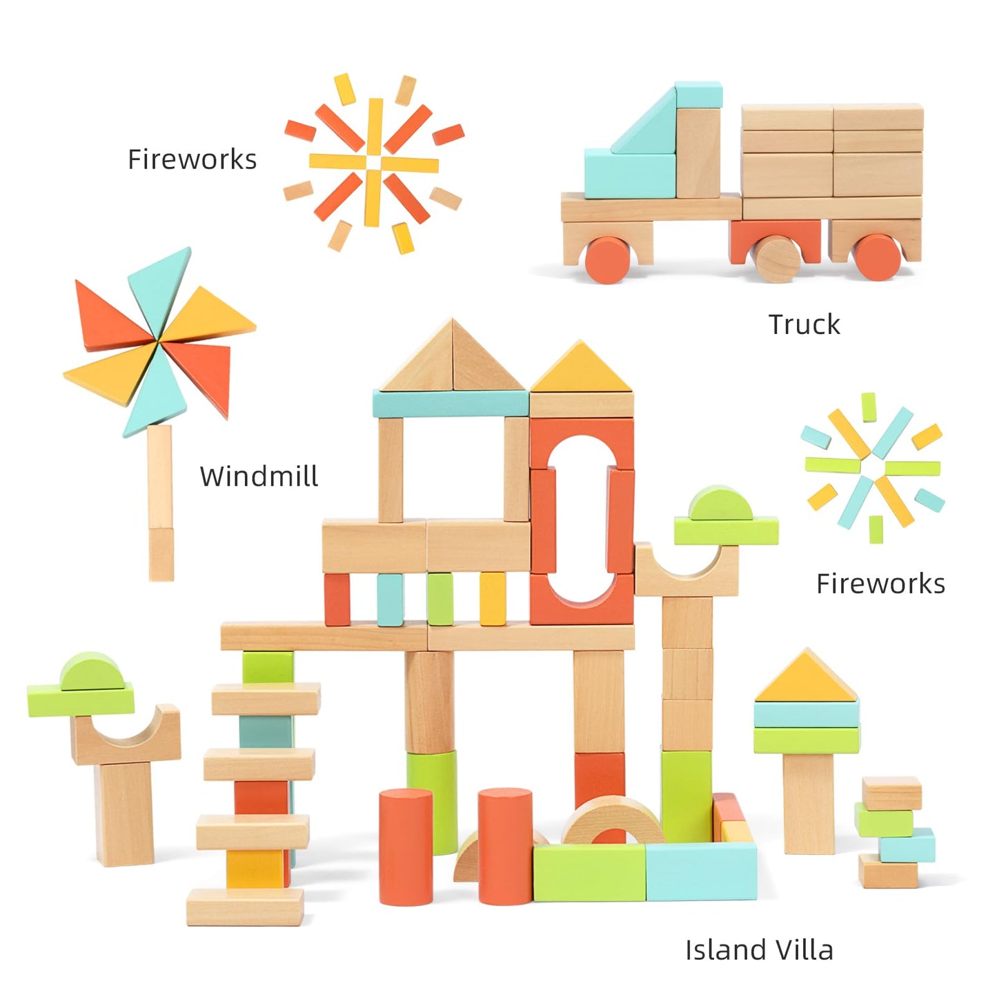 MEEYOO 100pcs Wooden Building Blocks for Toddlers 1-3, Montessori Toys with Storage Bucket, Baby Shower Gift for Boys & Girls