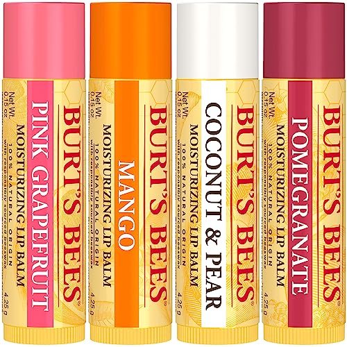 Burt's Bees Lip Balm 4-Pack – Pink Grapefruit, Mango, Coconut & Pear, Pomegranate – Natural, Tint-Free Moisturizer, 0.15 oz Each
