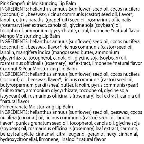 Burt's Bees Lip Balm 4-Pack – Pink Grapefruit, Mango, Coconut & Pear, Pomegranate – Natural, Tint-Free Moisturizer, 0.15 oz Each