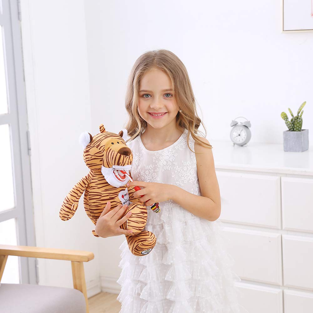 YOUYA DENTAL Tooth Fairy Puppet โ Striped Tiger Educational Plush Doll with Teeth for Kids, Oral Health Teaching Toy