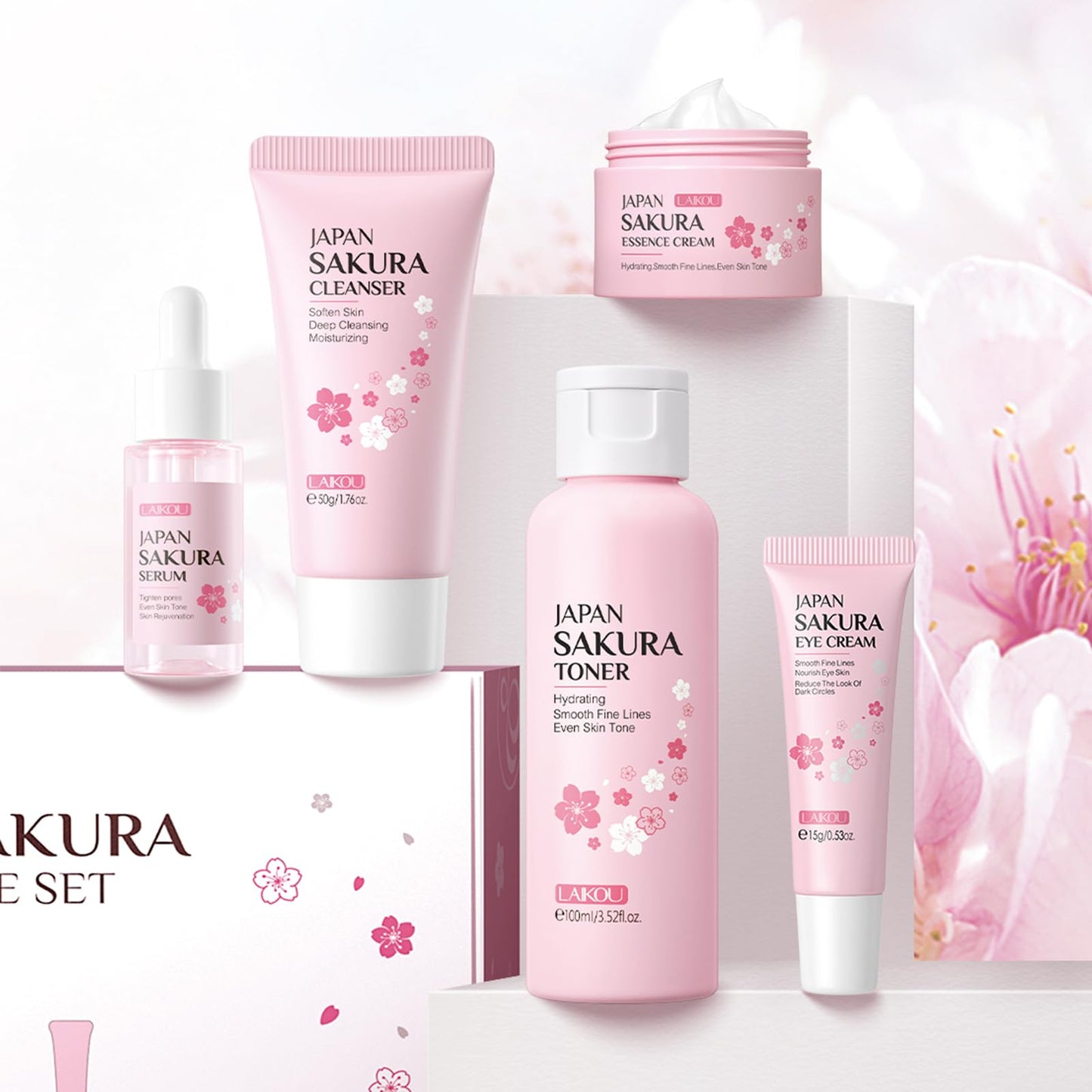 LAIKOU Japan Sakura Skin Care Set for Women – 5 Pcs Travel Beauty Kit with Cleanser, Toner, Serum, Eye & Face Cream – Gift for Mom, Teen Girls