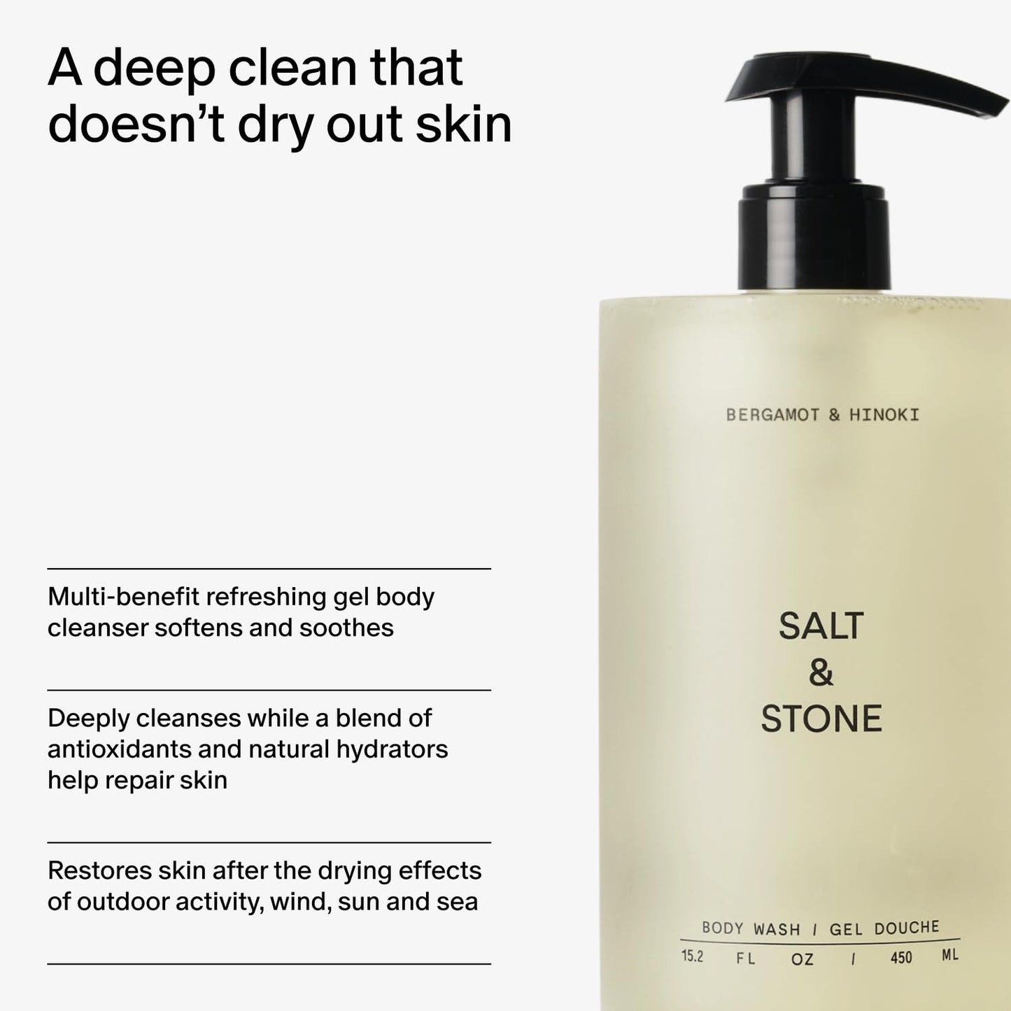 Salt & Stone Body Wash with Antioxidants – Deep Moisture, Sulfate & Paraben Free, Soft Hydrated Skin, Bergamot & Hinoki 15.2 fl oz