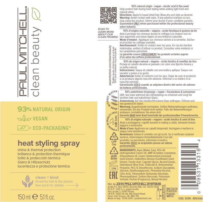 Paul Mitchell Clean Beauty Heat Styling Spray, Shine & Thermal Protection, For All Hair Types That Heat Style, 5.1 fl. oz.