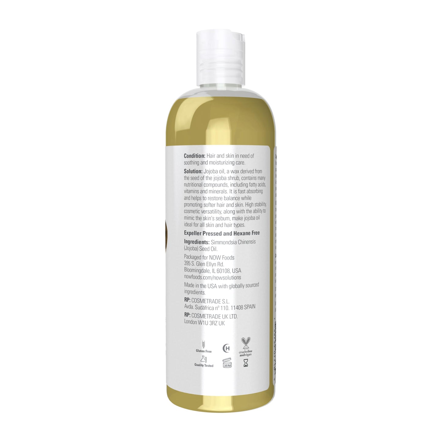 NOW Foods Solutions, Jojoba Oil, 100% Pure Moisturizing, Multi-Purpose Oil for Face, Hair and Body, 16-Ounce