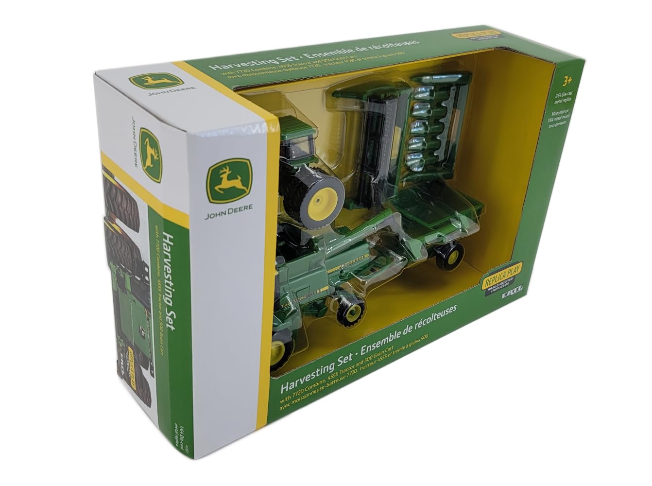 John Deere 1/64 Scale 5 pc Harvesting Set 4555 Tractor, 7720 Combine w/2 Heads, 500 Grain Cart