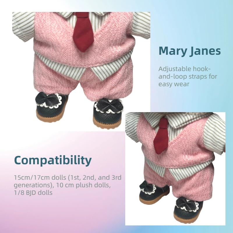 QIXINGWISE Mini Mary Jane Doll Shoes for 6.7" Dolls, PU Leather with Bow, Fits 15-17cm Dolls, Cute Outfit Accessory, 1 Pair Black