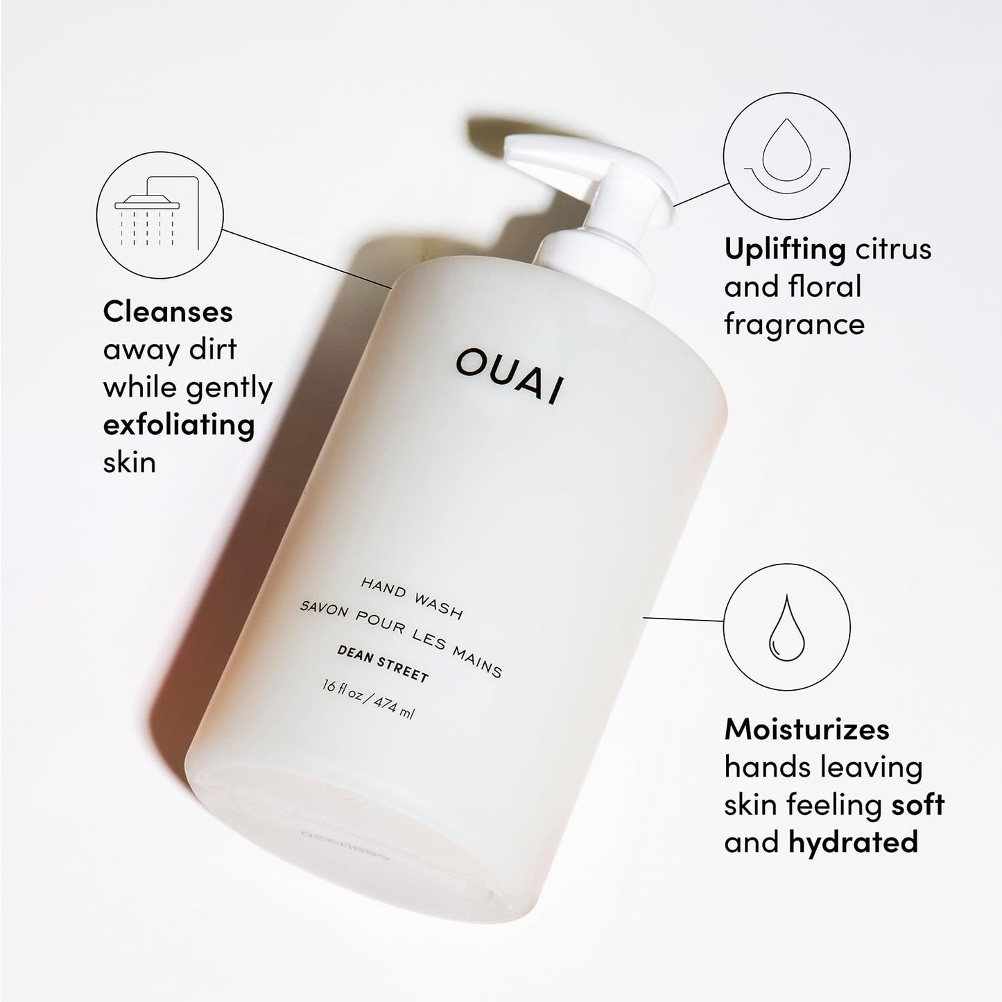 OUAI Dean Street Hand Wash – Liquid Soap with Jojoba, Avocado & Rose Hip Oil, Gentle Exfoliating Hand Soap for Kitchen & Bathroom, 16 fl oz