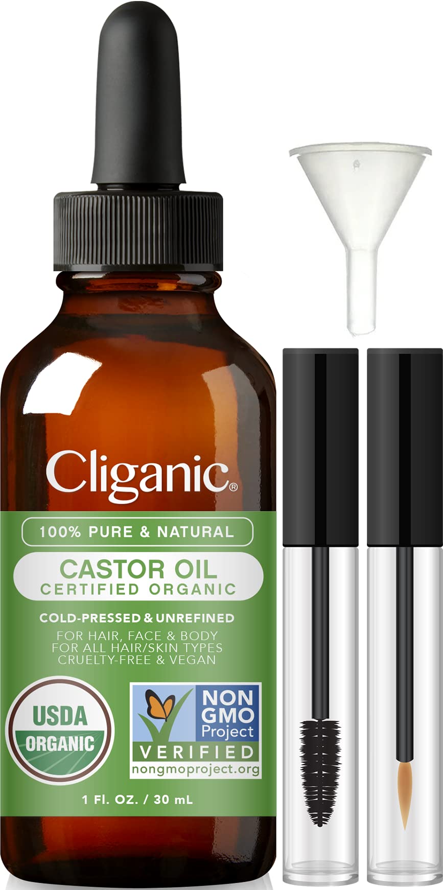 Cliganic Organic Castor Oil, 100% Pure (1oz Glass Bottle with Eyelash Kit) - For Eyelashes, Eyebrows, Hair & Skin
