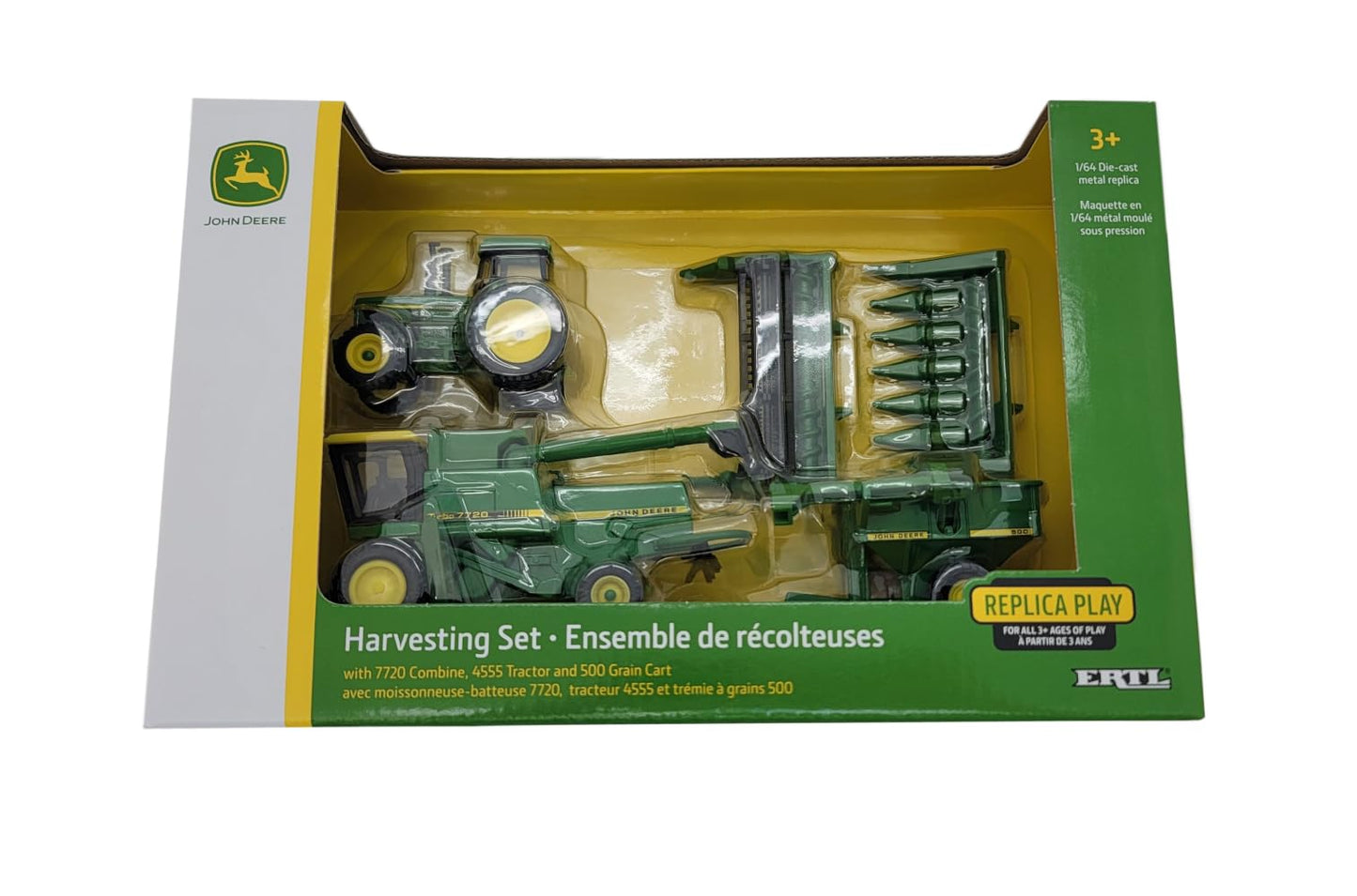 John Deere 1/64 Scale 5 pc Harvesting Set 4555 Tractor, 7720 Combine w/2 Heads, 500 Grain Cart