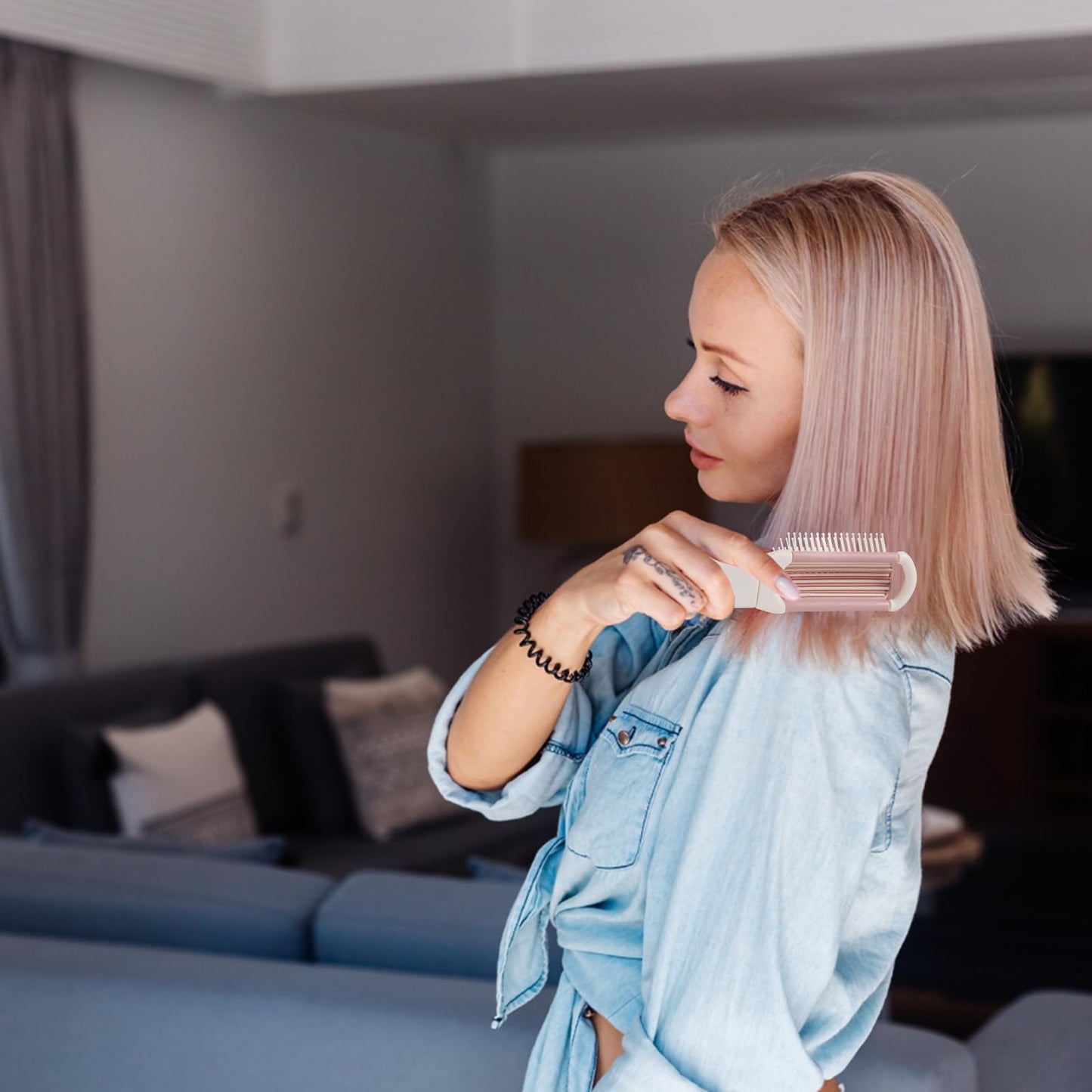 RHOS Folding Brush with Mirror for Women, Girls - Mini Hair Brush for Purse, Small Pocket Brush with Soft Nylon Bristles and Mirror for Travel (Beige)