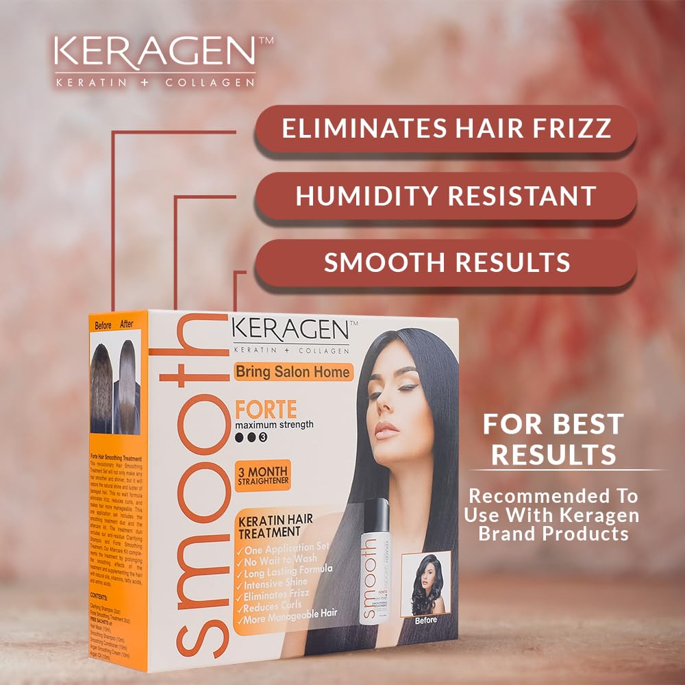 Keragen Brazilian Keratin Hair Smoothing Express Home Blowout Kit – Straightens & Smooths Frizz – Includes 2 Oz Forte Treatment, Clarifying Shampoo & Aftercare Samples