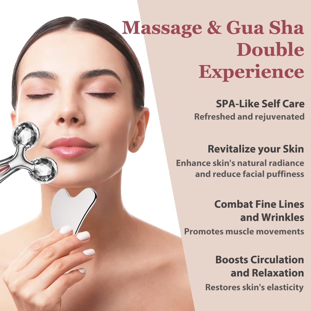 Lanfixilly Stainless Steel Gua Sha and Face Roller Set, Facial Tool for Face Sculpting, Metal Skin Care, Massager for Women