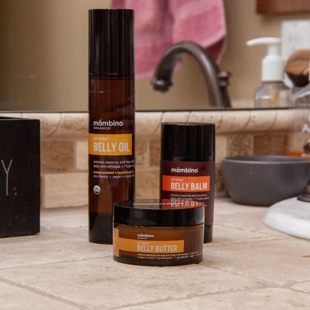 Mambino Organics Oh Baby! Belly Oil – Organic Stretch Mark Oil for Pregnancy & Postpartum, Hydrating Tamanu, Shea Butter & Calendula, Vegan, 4 fl oz