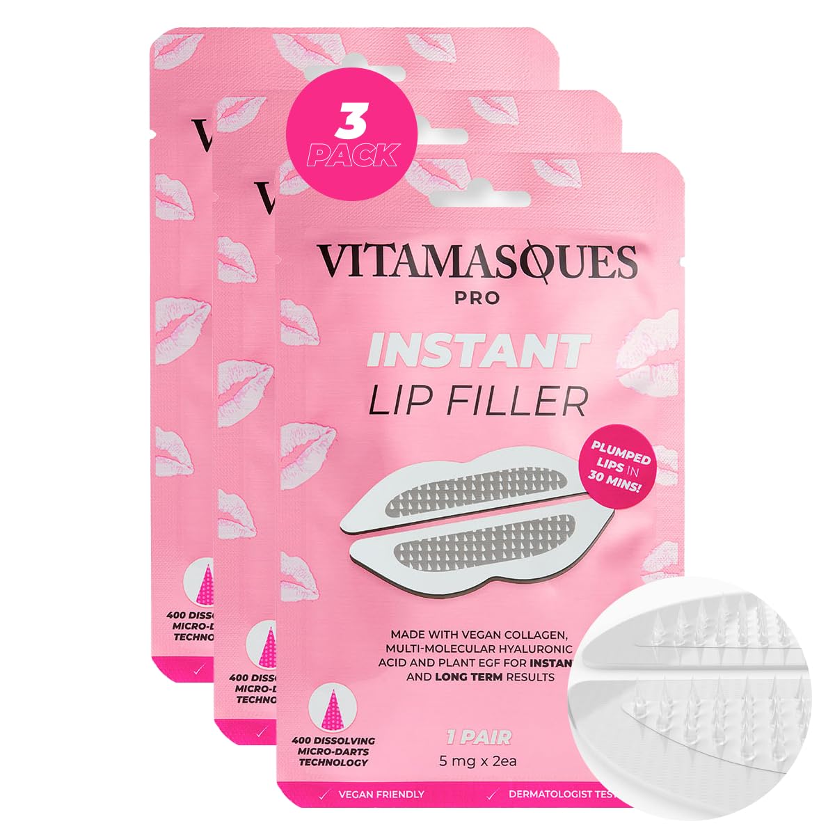 Instant Lip Filler Mask 3-Pack – Plump Lips in 30 Min with Vegan Collagen, Hyaluronic Acid & 400 Micro-Dart Patches, Korean Skincare