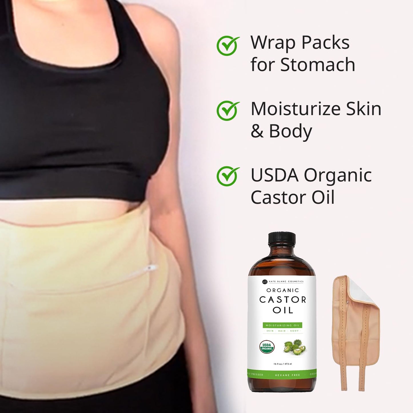Kate Blanc Cosmetics Castor Oil Pack Wrap for Stomach & Belly (16oz Glass Bottle) Moisturize Body & Skin. Reusable, Adjustable, Comfortable Fit.