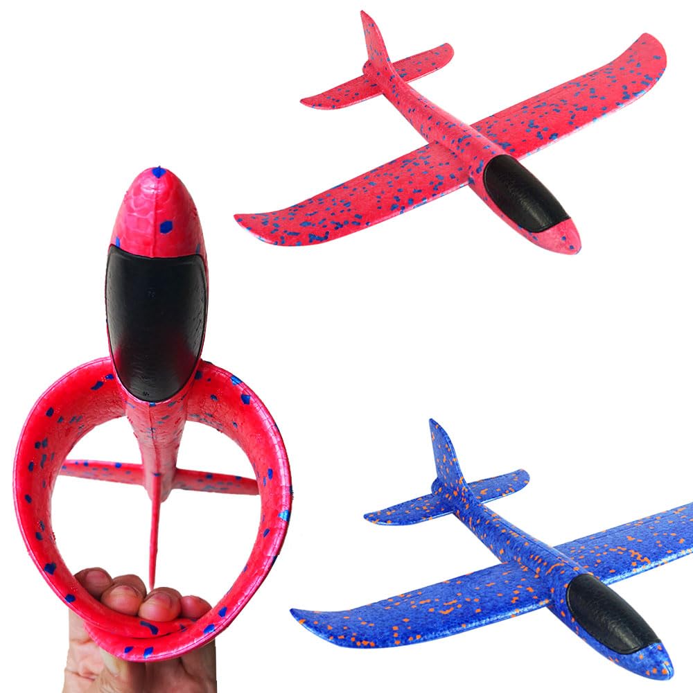 Foam Glider Airplane Toy 13.5" Hand-Throw Plane, Outdoor Flying Toy, 3 Modes, 2-Pack Red & Blue – Birthday Gifts for Kids