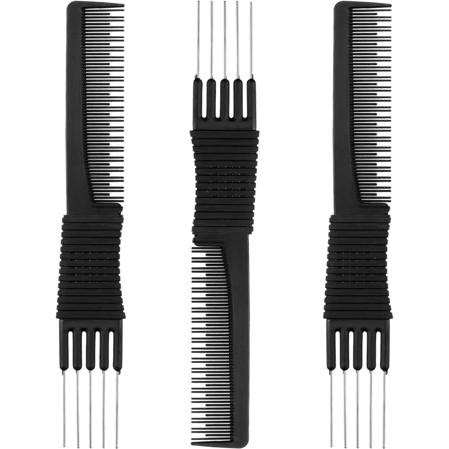 Leinuosen 3 Pack Carbon Lift Teasing Combs with Metal Prong, Hair Pick Comb for Women Hair Styling(Black)