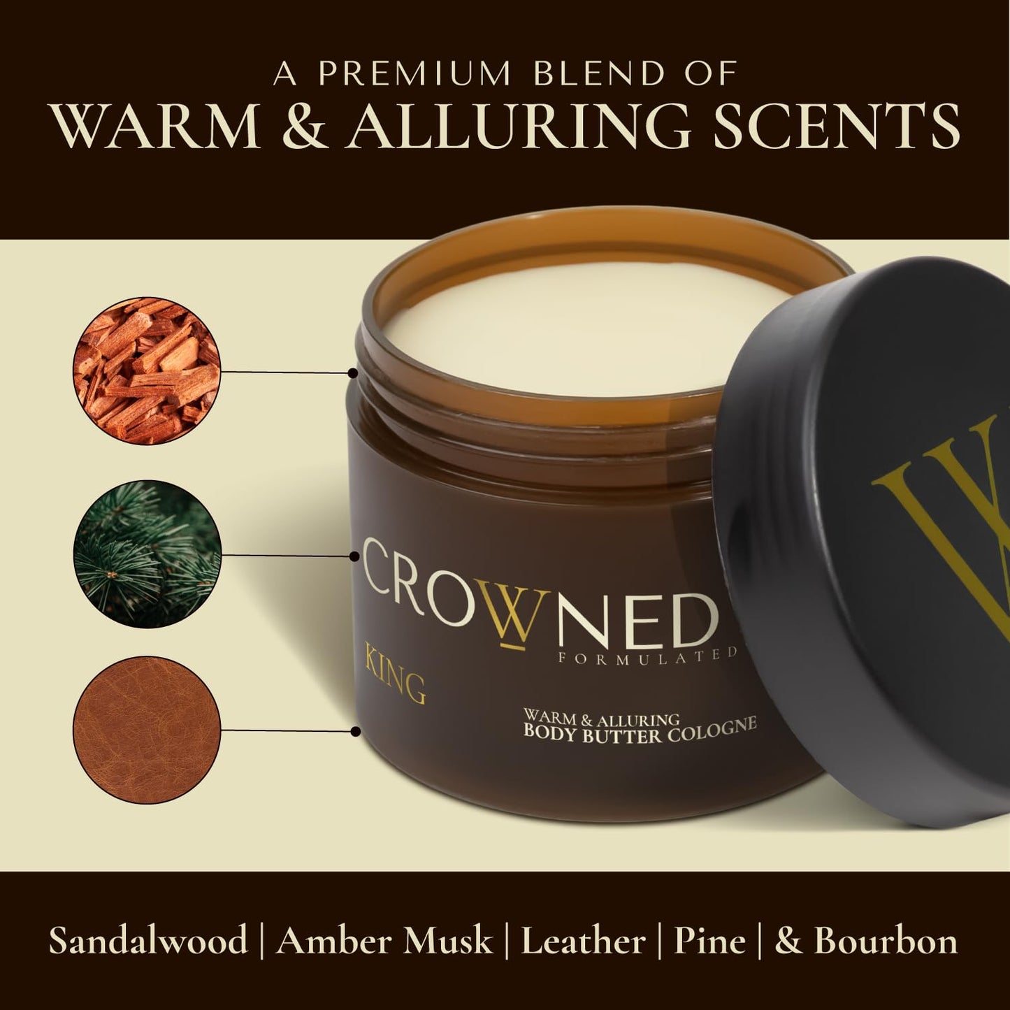 Crowned Skin King Cologne Body Butter – Warm Sandalwood & Leather Scent, Organic Shea & Mango Butters, Moisturizing, 4.4oz