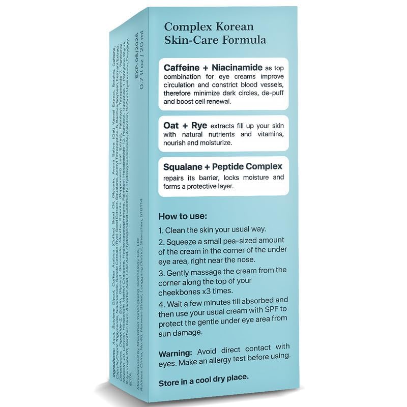 Under Eye Cream for Dark Circles & Puffiness, Caffeine + Niacinamide, Squalane & Peptides, Korean Anti-Aging, Zinc Roller