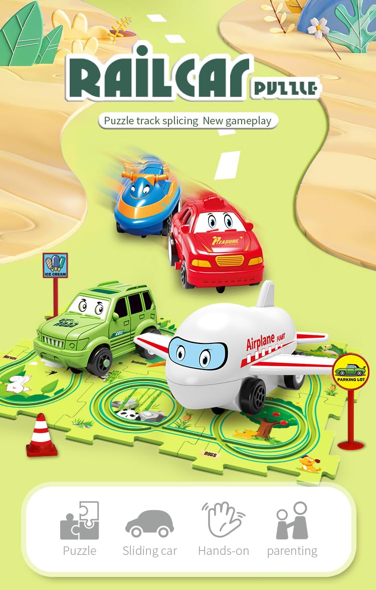 4-in-1 Puzzle Racer Car Track Set for Kids – 4 Themed Jigsaw Tracks, Puzzle Raceway, Preschool Toy Gift for Boys & Girls