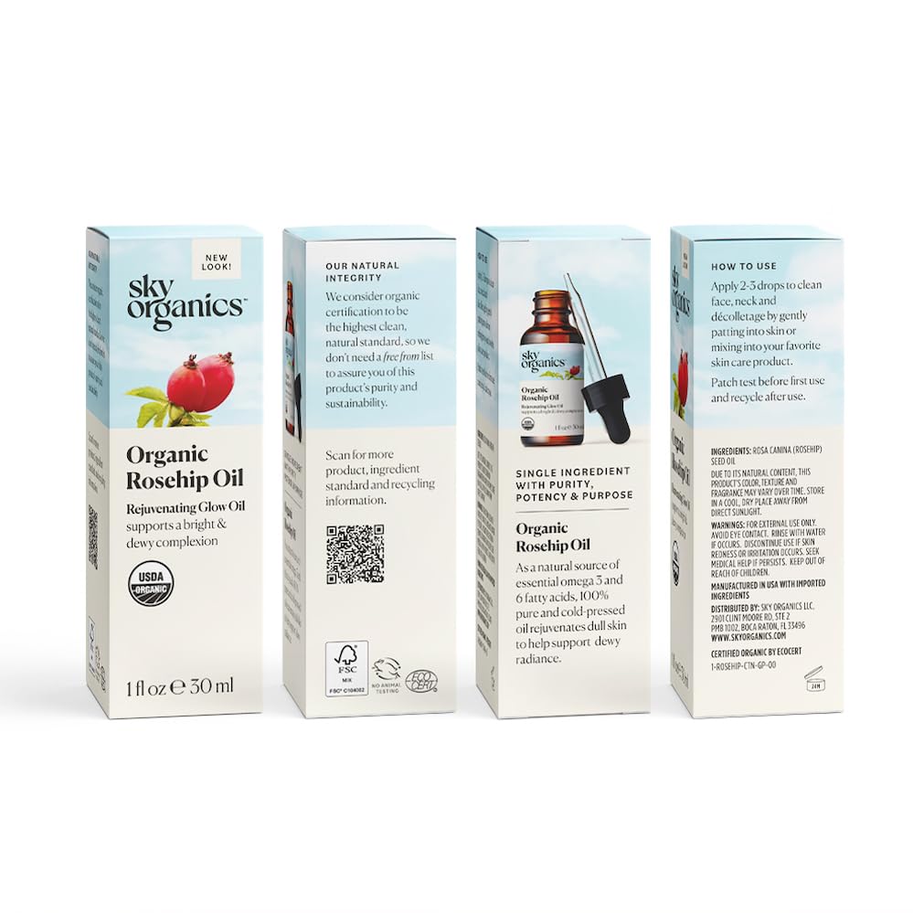 Sky Organics Organic Rosehip Oil (1oz) – 100% Pure Cold-Pressed Rosehip Seed Oil for Radiant Skin, Hair & Acne, Anti-Aging Antioxidant Face Oil