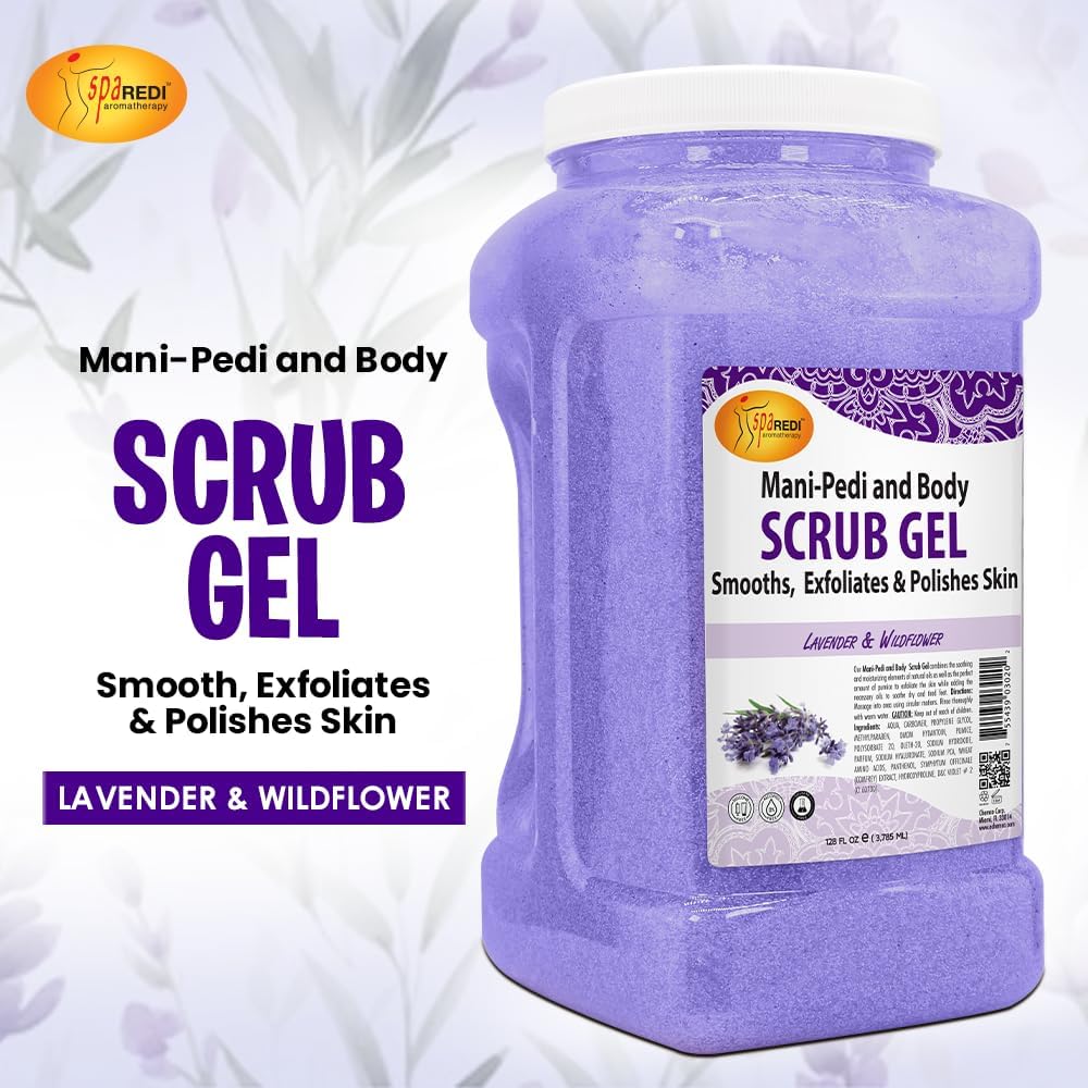 SPA REDI Exfoliating Pumice Gel Scrub, Lavender & Wildflower, 128 Oz – Manicure, Pedicure & Body Scrub with Hyaluronic Acid & Panthenol