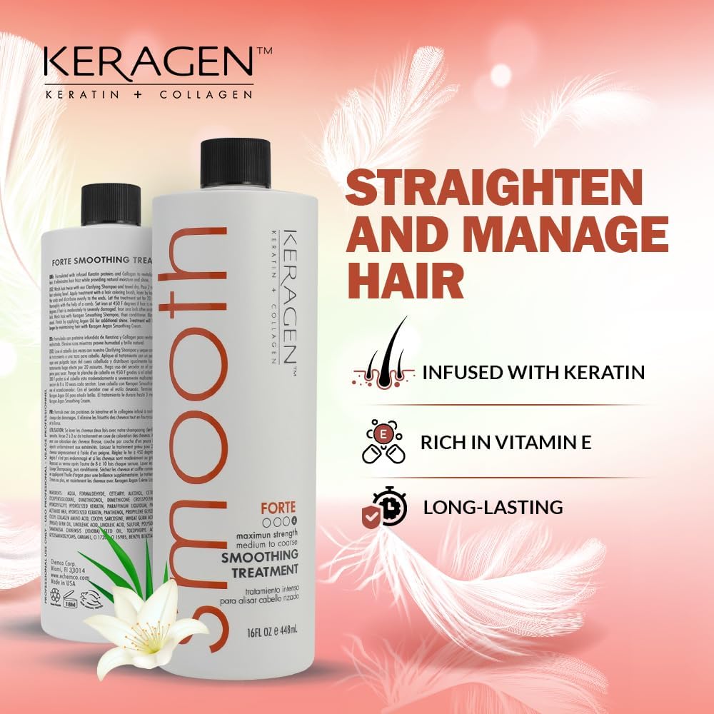 KERAGEN Brazilian Keratin Hair Treatment | Forte Blowout Straightening System for Dry, Damaged, Frizzy Hair | Sulfate-Free, For Medium to Coarse Hair, 16 Oz