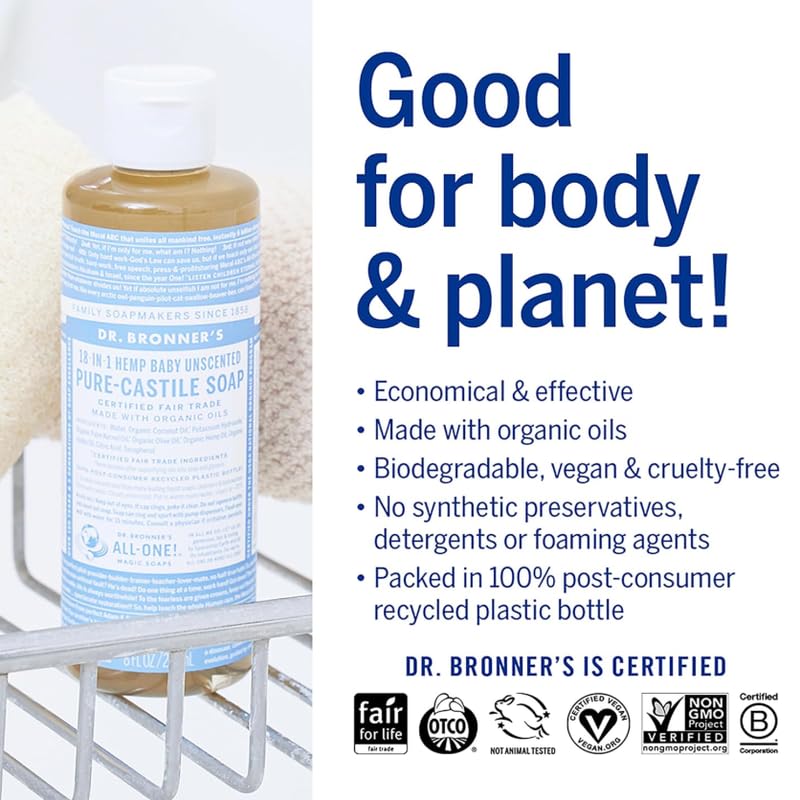 Dr. Bronner's Pure-Castile Liquid Soap, Baby Unscented 8oz – Organic, Fragrance-Free, Vegan, Gentle Face & Body Wash for Sensitive Skin