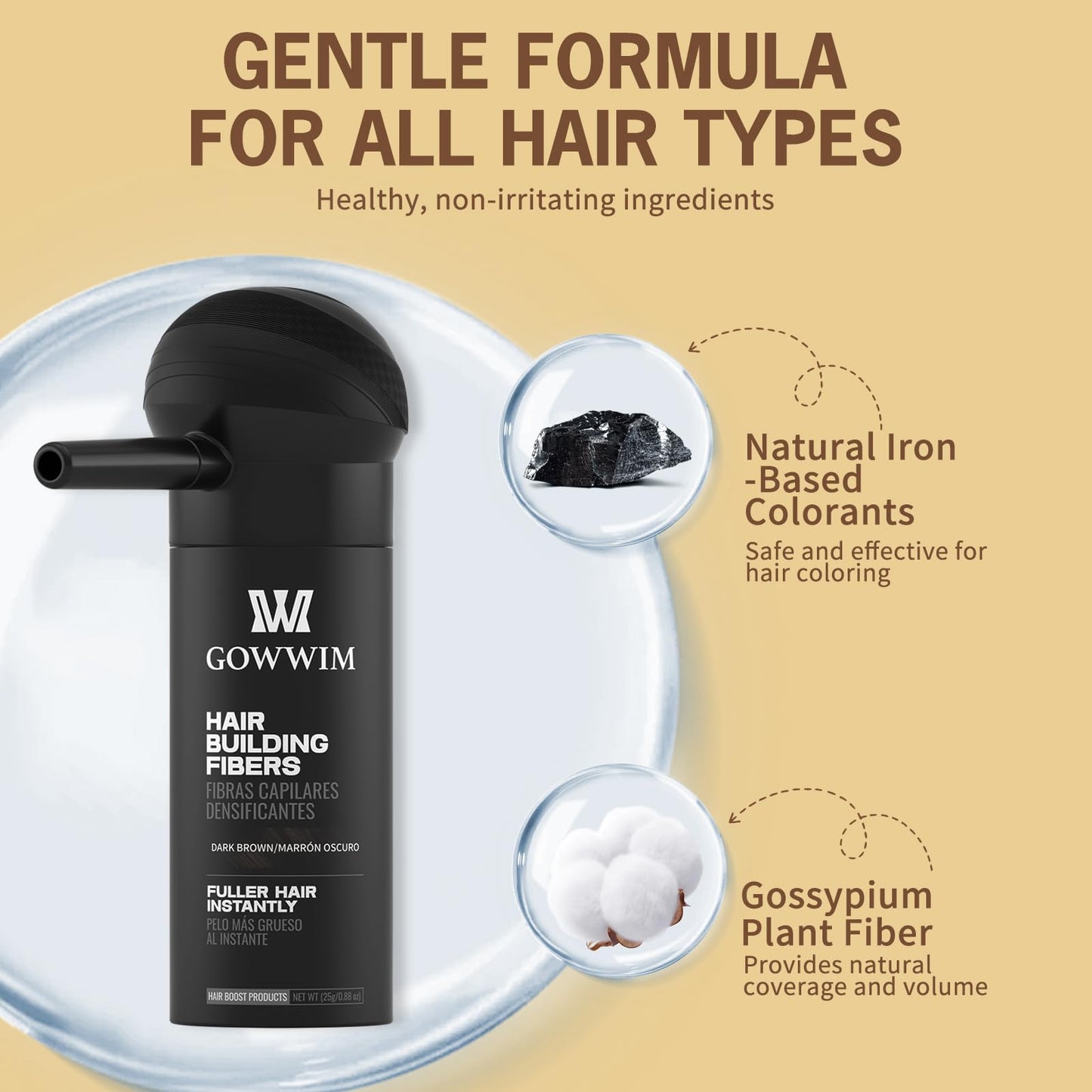 gowwim Hair Thickening Fibers 2-in-1 Kit Keratin Building Fibers, Spray Applicator & Hold Spray - Instantly Volumize Sparse Areas (Black)