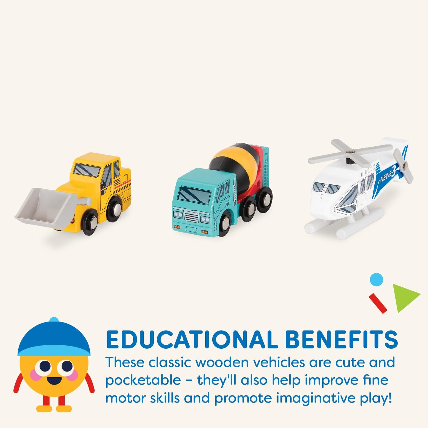 Battat – Miniature Toy Cars – 6 Wooden Minis – Classic Wooden Toys – Mini Ambulance, Cement Truck – 3 Years + – Wooden Vehicles - Set 1