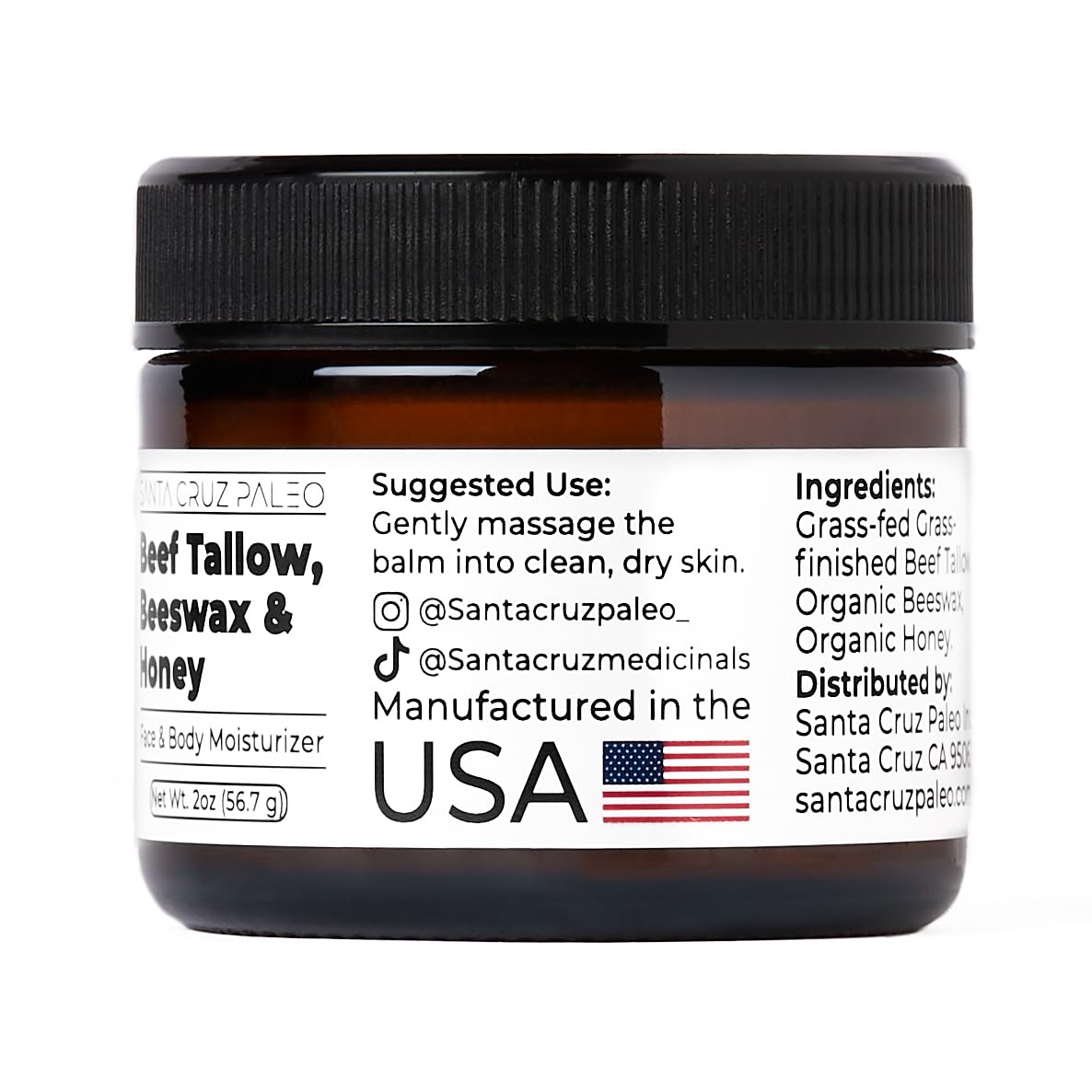 Santa Cruz Paleo Beef Tallow & Honey Balm – Grass-Fed Moisturizer for Face & Body, Organic Beeswax & Honey, Light Scent, 2oz