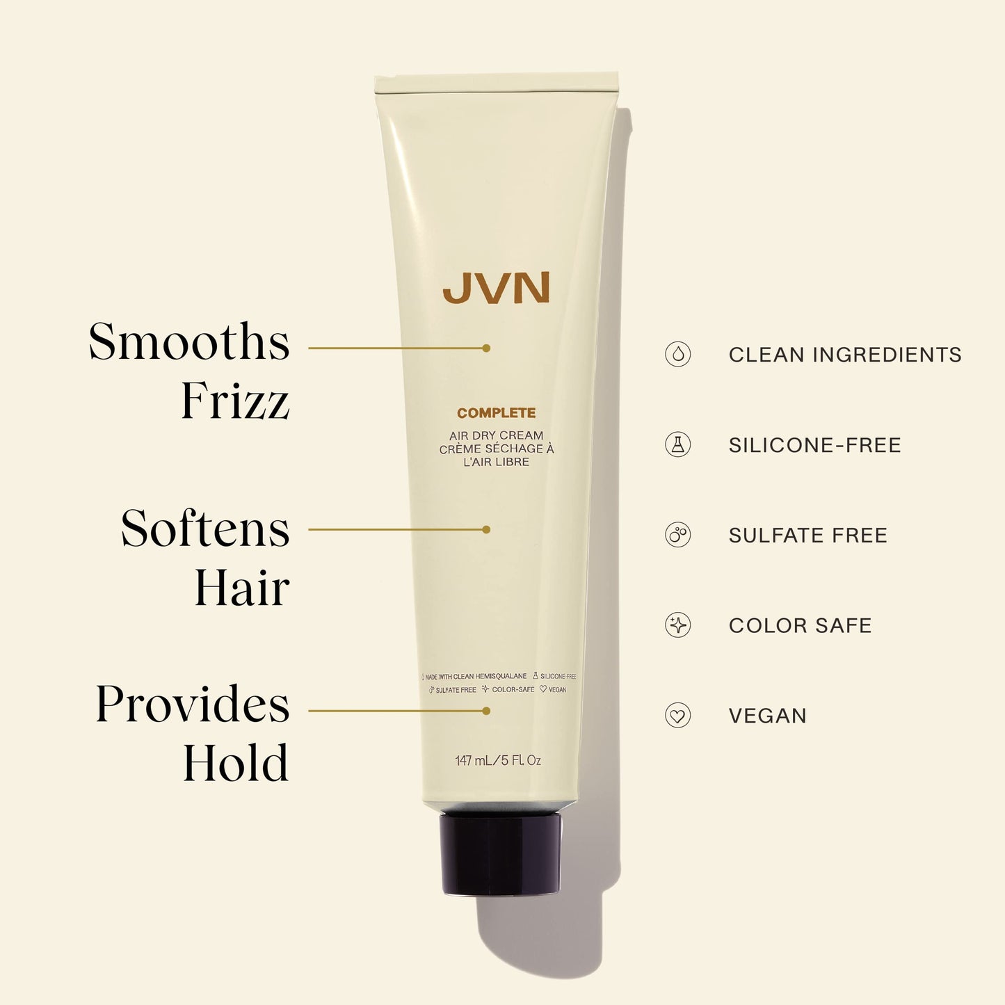 JVN No Heat Complete Air Dry Cream 5 Fl Oz – Silicone-Free Smoothing Cream for Natural Texture, Defines Curls & Waves, Frizz Control & Shine
