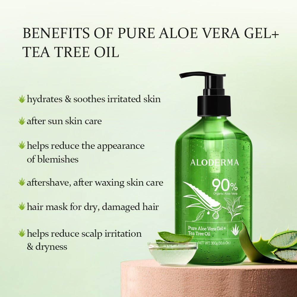 Aloderma Organic Aloe Vera Gel with Tea Tree Oil – Pure, Fresh Aloe Made Within 12 Hours of Harvest – Soothes Face, Oily Skin, Dry Scalp & Aftershave, 10.6 oz