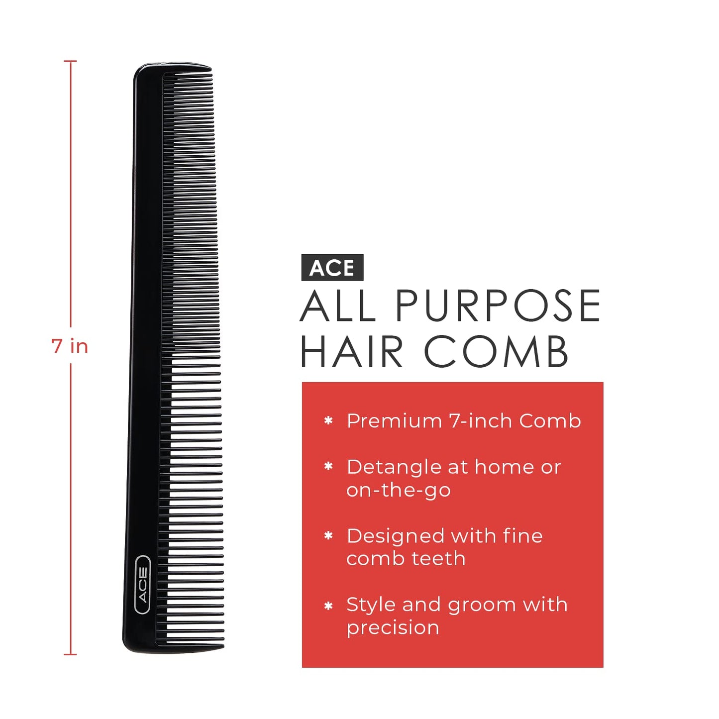 GOODY ACE ACE All Purpose Hair Comb - 7 Inch, Black - Great for All Hair Types - Fine Comb Teeth for Thin to Medium Hair,61286, 1 Count (Pack of 1)
