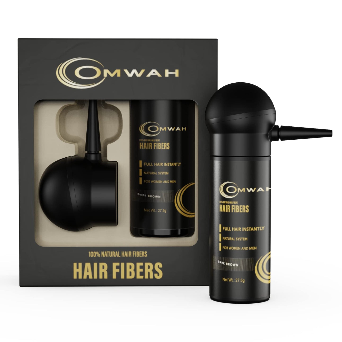 OMWAH Natural Hair Fibers for Thinning Hair 2-in-1 Kit – 27.5g Bottle with Spray Applicator Pump – Conceals Hair Loss & Adds Volume (Dark Brown)