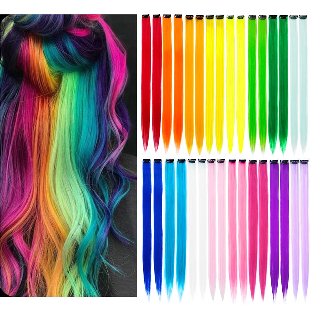 KGBFASS 32 Pack Colored Hair Extensions 20" – Rainbow Clip-In Synthetic Highlights for Girls, 16 Vibrant Colors, Straight Party Hair Pieces