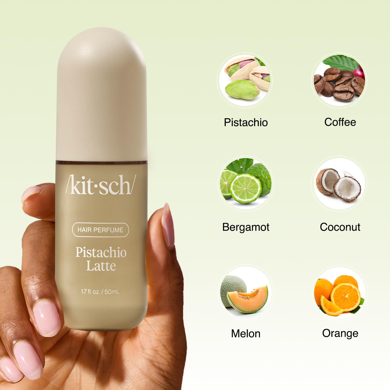 Kitsch Hair Perfume for Women – Pistachio Latte | Clean Deodorizing Hair & Body Mist with Odor-Eliminating Tech | Coconut & Coffee Scent, 50mL