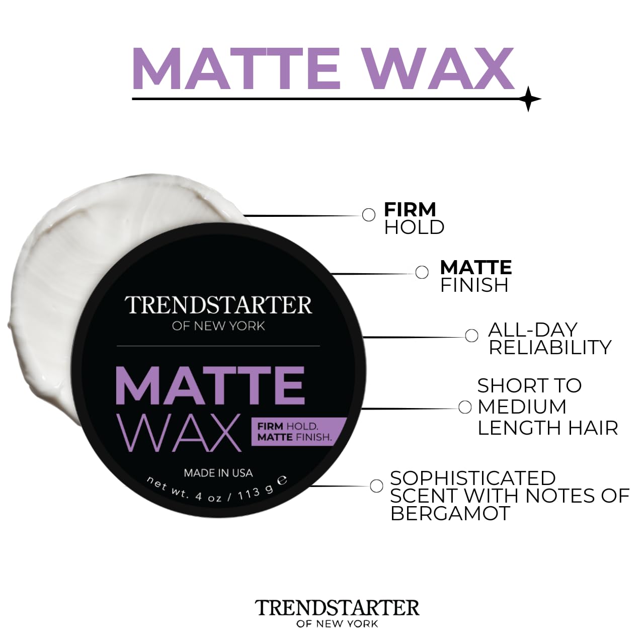 TRENDSTARTER Matte Wax 4oz – Firm Hold, Matte Finish, Water-Based Hair Styling Pomade – All-Day, Flake-Free Wax for All Hair Types