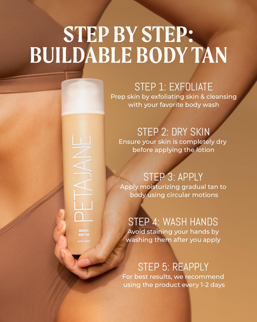 Peta Jane Gradual Tanning Body Lotion – Hydrating, Vegan, Streak-Free, Natural Glow, No Fake Tan Smell, 6.7 Fl Oz